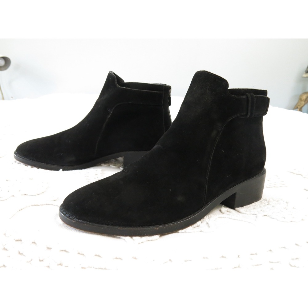 Eileen Fisher Black Suede Ankle Boots 8 Back Zip Bootie Flat Block Heels